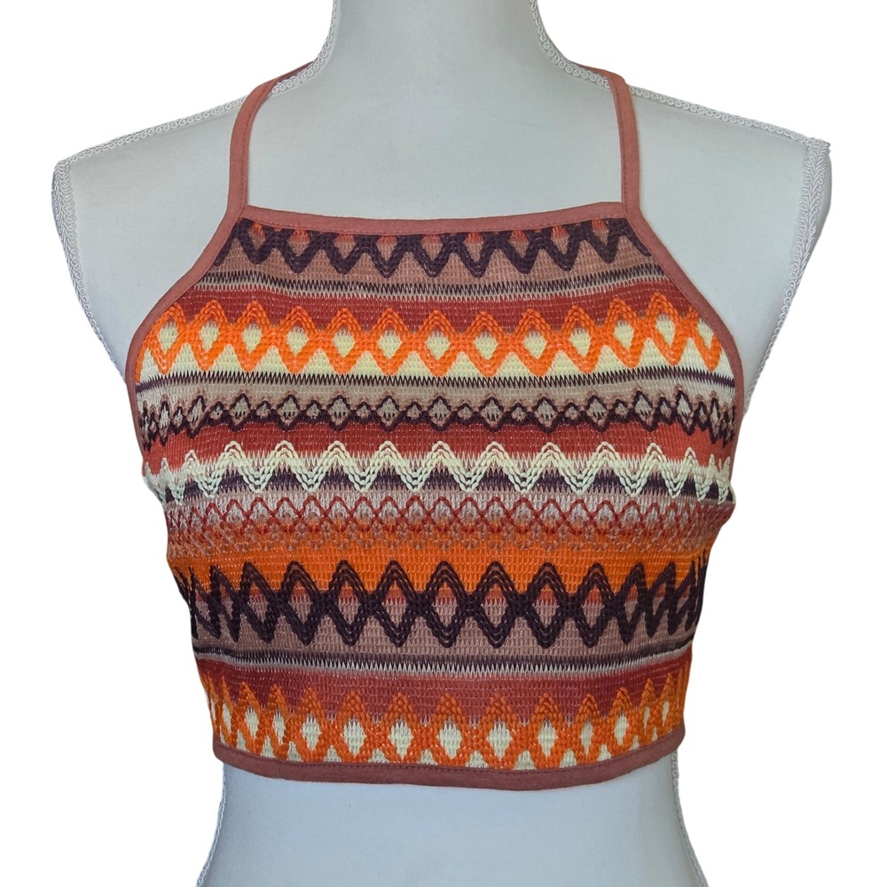 Boho Knit Halter Crop Top Orange Geometric Chevron Small Earthy Retro Summer 70s